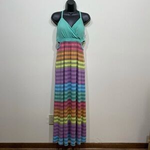Y2K No Boundaries Juniors Babydoll Maxi Cut Out Dress Size Large Rainbow Beach